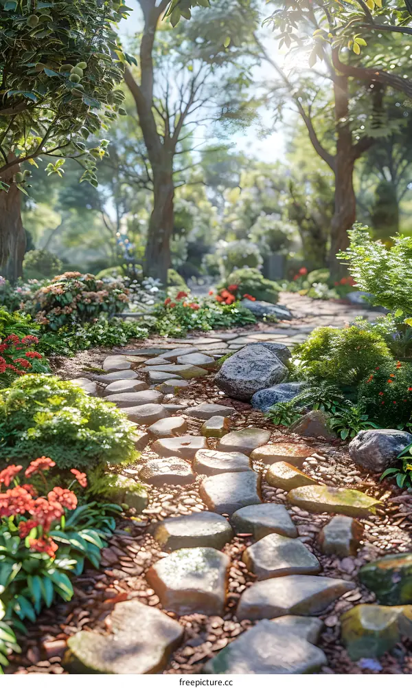 Sunlight shines through the woods and洒在林间小路