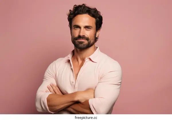 Handsome man with beard and curly hair wearing pink shirt