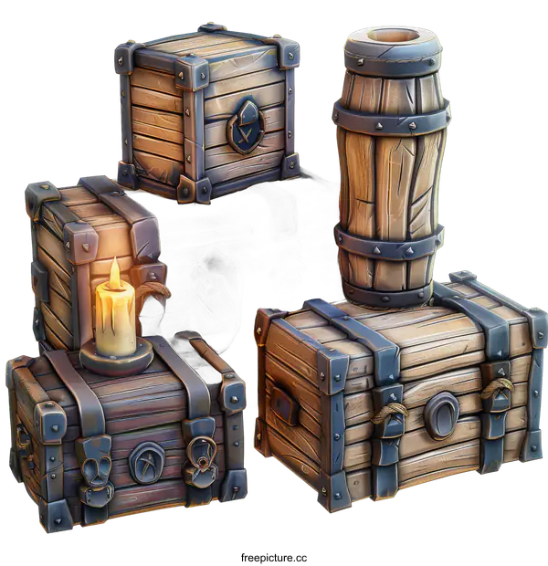 [Transparent Background PNG]Medieval Wooden Chests and Barrel