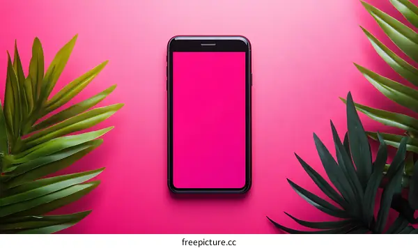 Pink Background With Black Smartphone And Palm Leaves