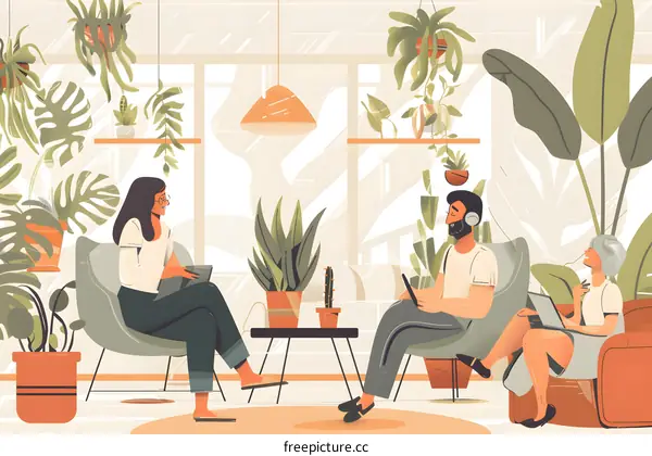 People Sitting In A Room Full Of Plants