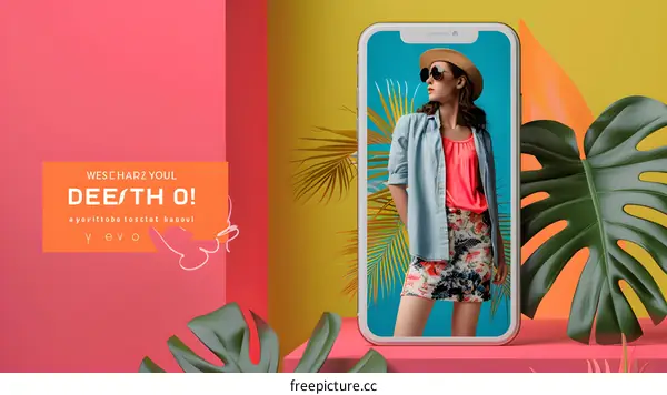 Summer Fashion Trends on Smartphone Screen with Tropical Leaves