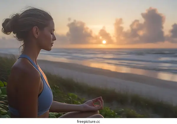 Woman Meditating on Beach at Sunrise