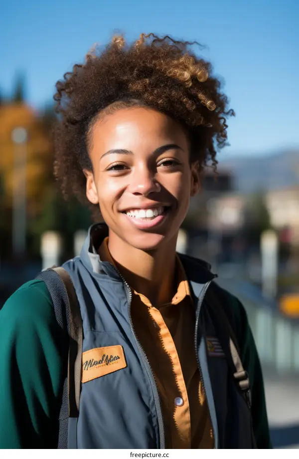 portrait of a young smiling woman wearing a green vest
