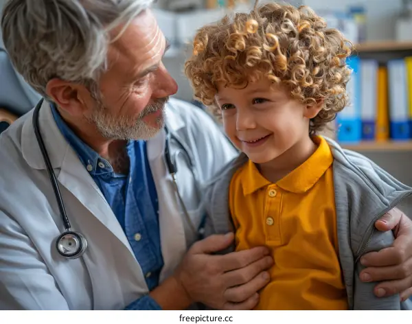 Smiling doctor with curly haired boy