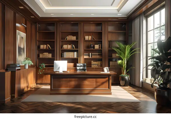 Luxury home office with wooden shelves and a large desk