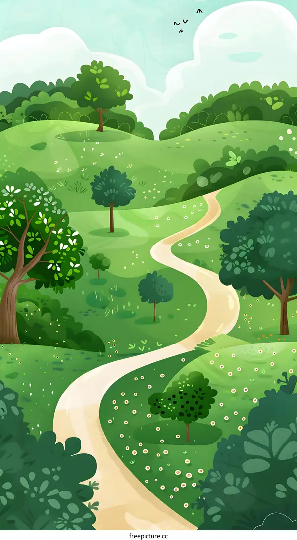 Winding Path Through Lush Green Forest Illustration