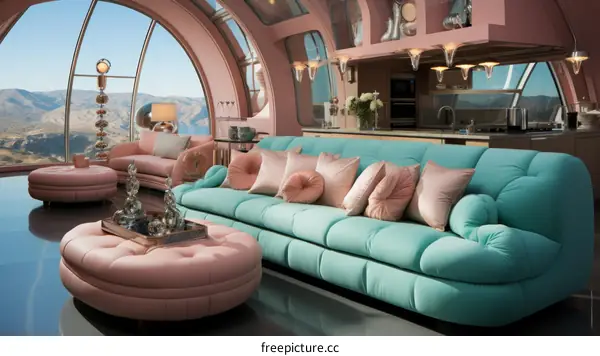 retro futuristic living room interior design
