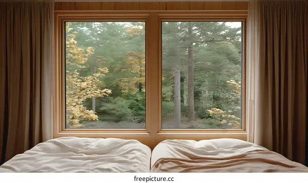 Large Window View of Autumn Trees from a Bedroom