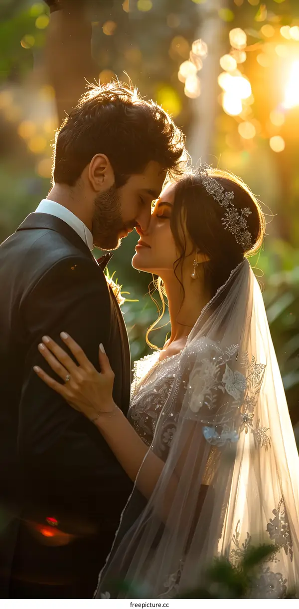 A couple is kissing in the garden at their wedding.