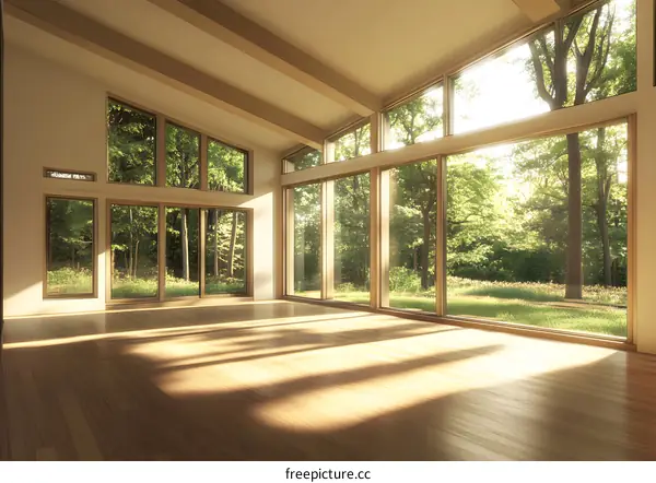 Modern Home Interior Design with Large Windows Offering a View of Trees