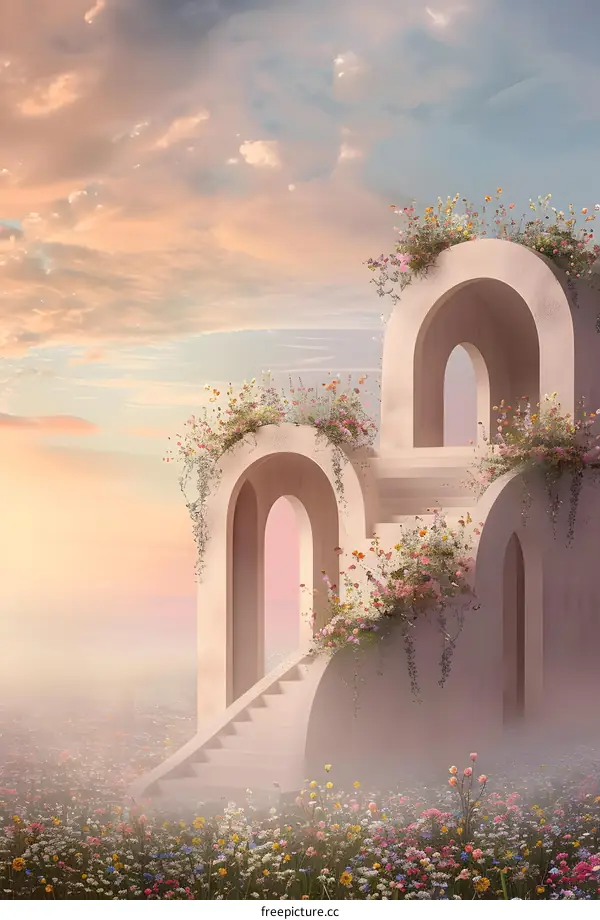 Pink Archway with Flowers and Fog