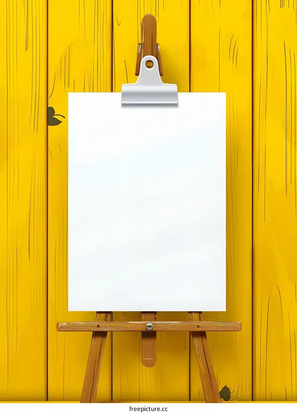 Blank Canvas on Wooden Easel with Yellow Background