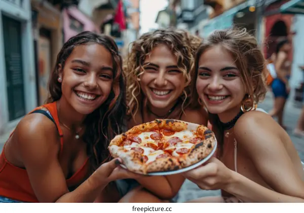 Three young women of European descent are eating pizza together and smiling at the camera.
