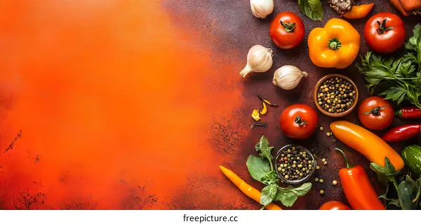 Fresh Vegetables and Spices on Orange Background