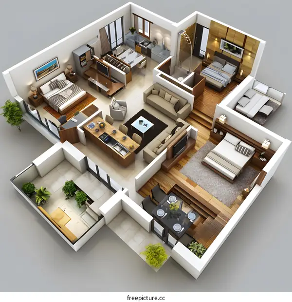 The floor plan of a three-bedroom, two-hall apartment