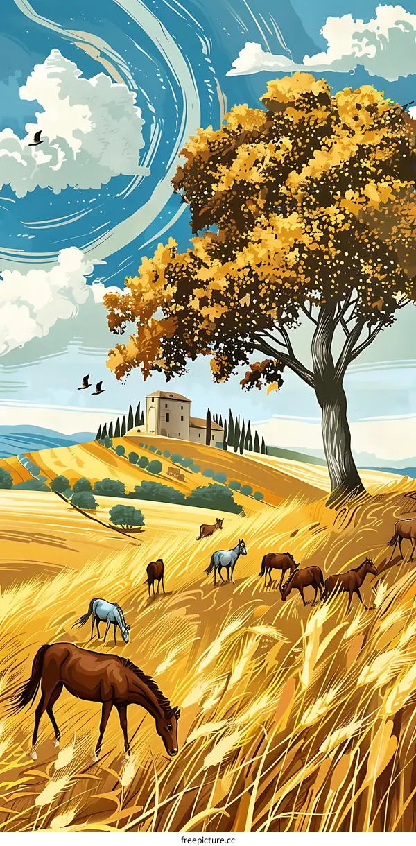 Golden Field with Horses and a Farmhouse in the Distance