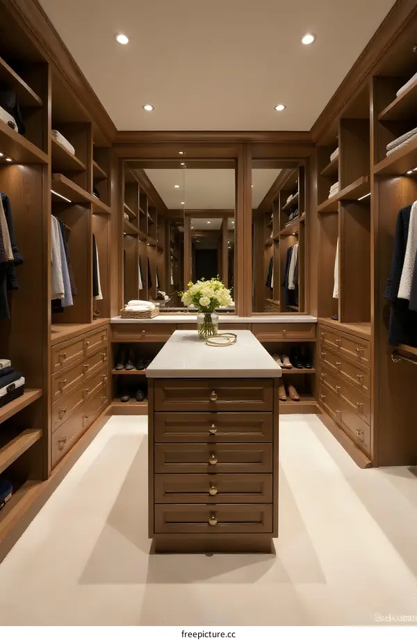 Modern Walk In Closet With Wooden Shelving And Drawers