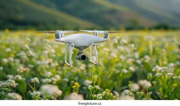 White Drone Flying Over a Field of Flowers