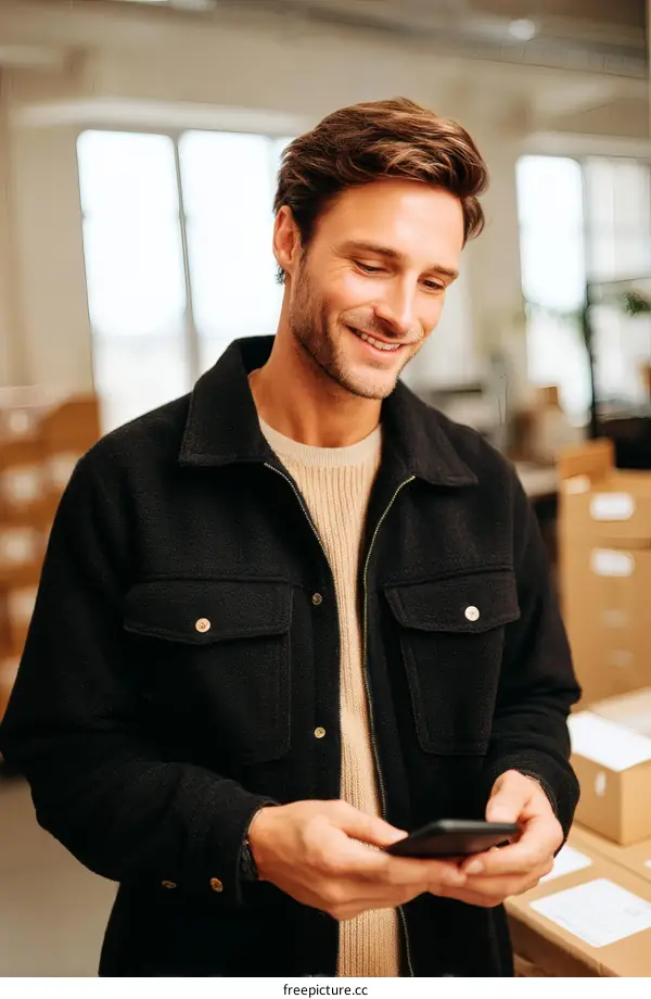 Man using smartphone in warehouse