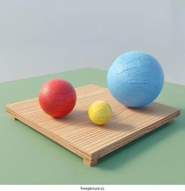 Three Colorful Balls on Wooden Platform