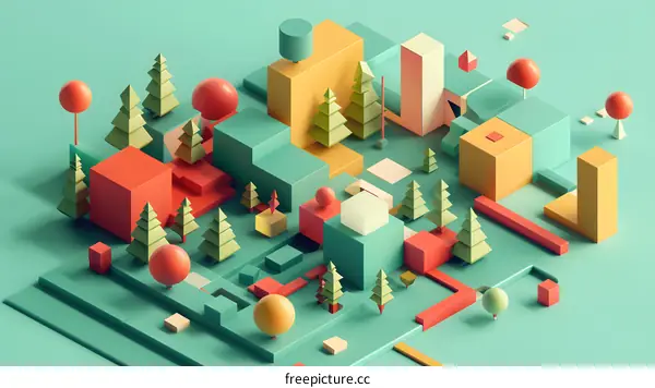 Abstract 3D Cityscape with Geometric Shapes and Trees