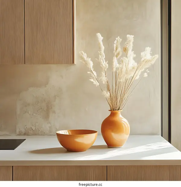 Ceramic Vase With Dried Flowers On Kitchen Countertop