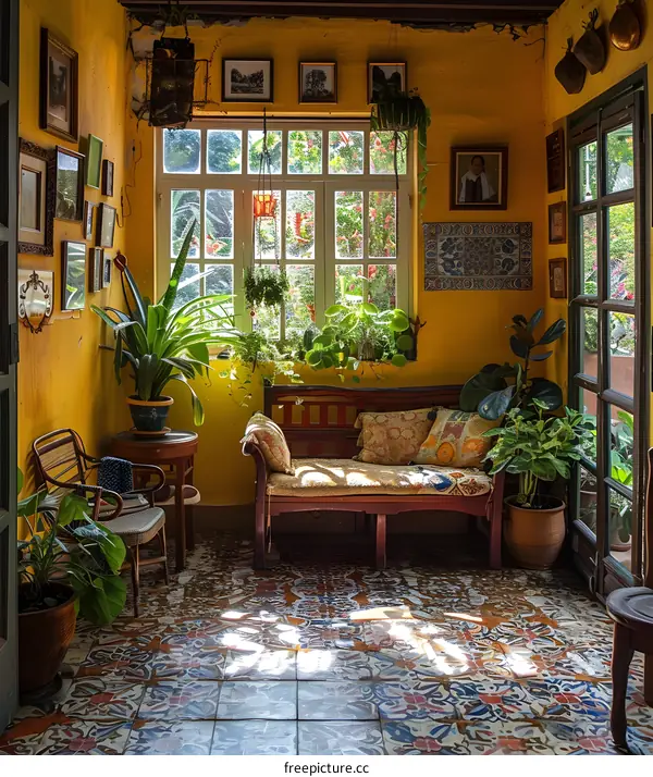 A bright and colorful living room with a sofa, chair, plants, and patterned tiles.