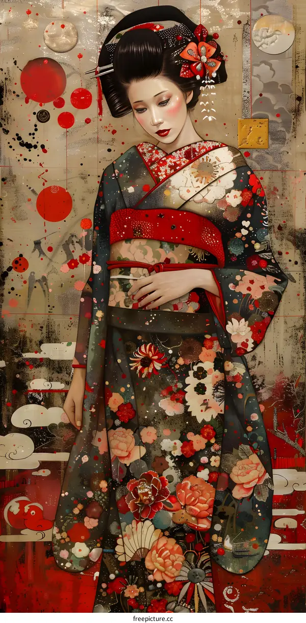 An illustration of a Japanese woman in a kimono with a red and white background