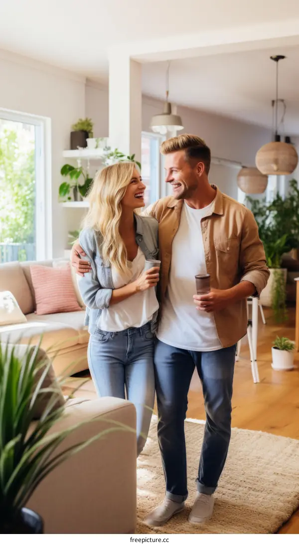 Happy young couple walking and talking in their living room