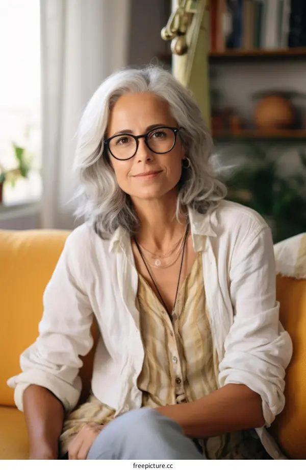 A portrait of a middle-aged woman with gray hair and glasses sitting on a yellow couch