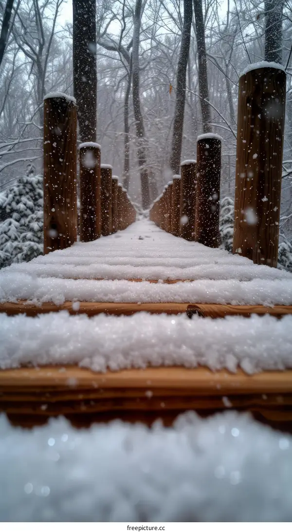 Wooden bridge covered with snow in a snowy forest