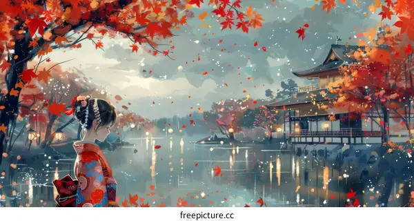 A girl in a kimono standing by a lake in a Japanese garden