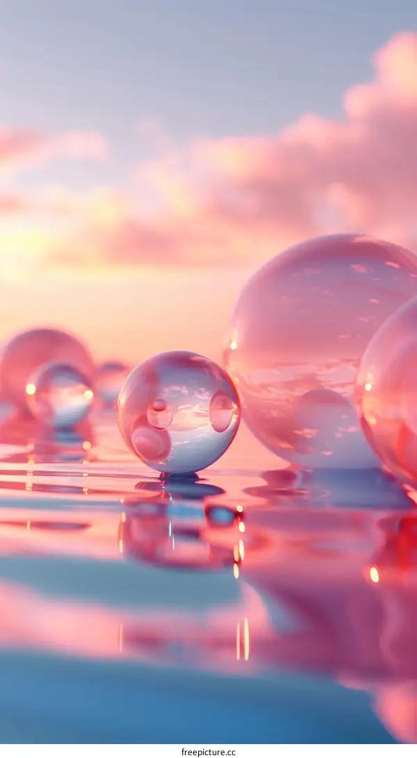 Pink Glass Spheres Floating in Water with Sunset Sky Reflection
