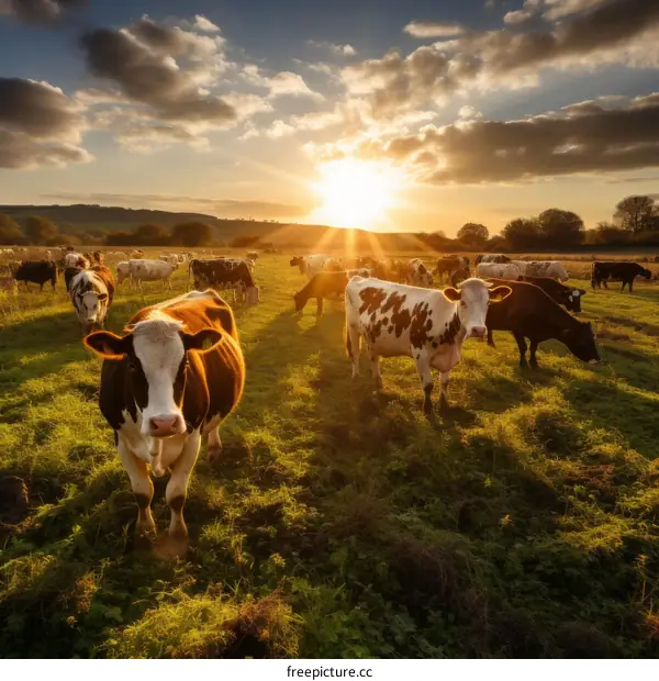 Herd of cows grazing on a lush green pasture at sunset