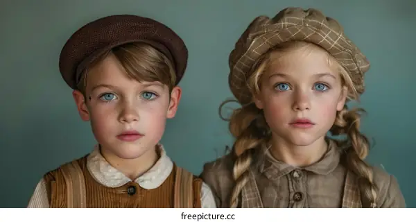 Portrait of two children wearing vintage clothes