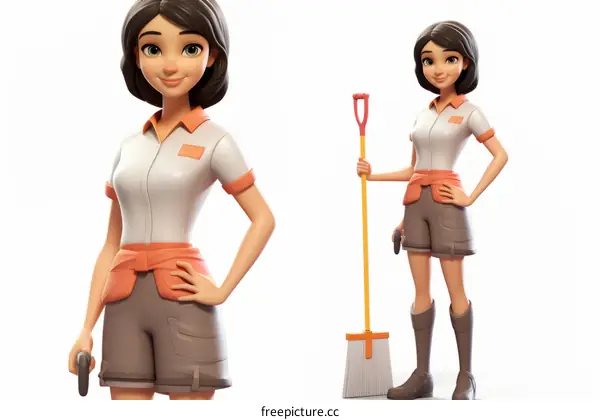 3D Cartoon Janitor Woman Holding Broom