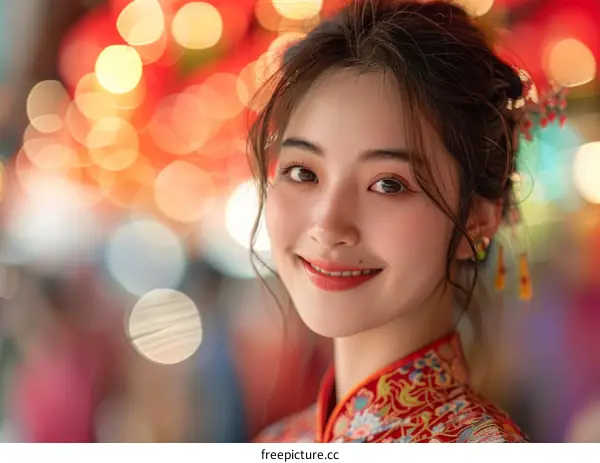 Portrait of a young smiling Chinese woman in traditional clothing