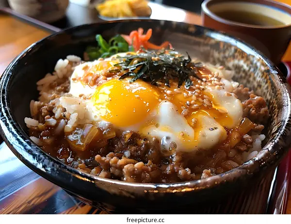 Japanese Rice Bowl with Eggs and Meat