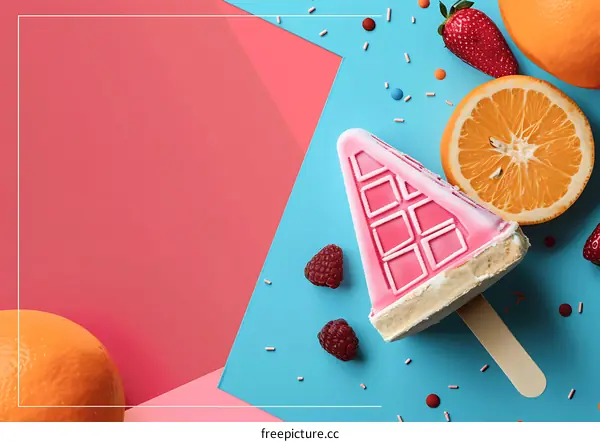 Pink Ice Cream With Raspberry and Orange on Blue Background