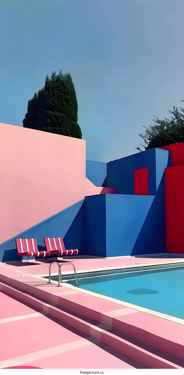Minimalist Poolside Architecture with Blue and Pink Walls