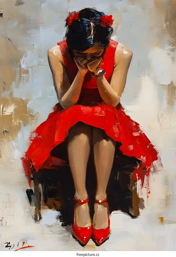 Woman in Red Dress Sitting on a Chair, Oil Painting