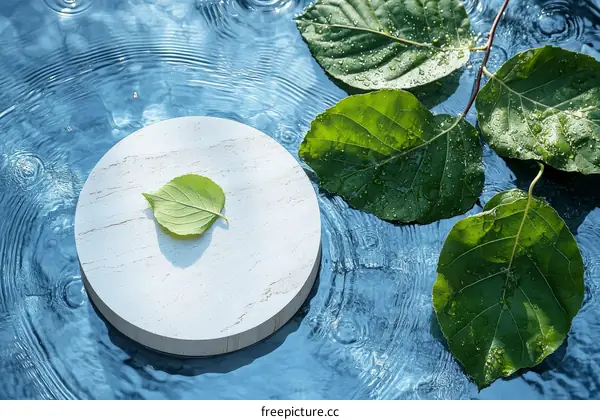 Water Drops on Fresh Green Leaves on a Round White Stone Plate