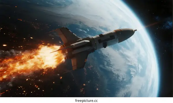 A rocket flying above Earth with bright flames and space background