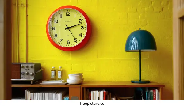 Vibrant Yellow Wall with Retro Timepiece and Teal Lamp