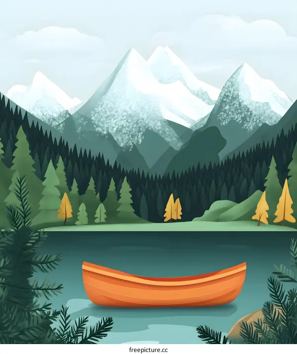 Canoe Infront of Mountain Landscape Illustration