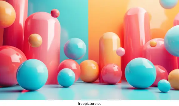 Colorful 3D spheres and cylinders on a blue and orange background