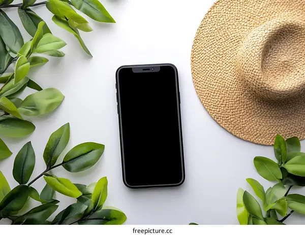 Flat Lay of Smartphone, Straw Hat and Green Leaves on White Background