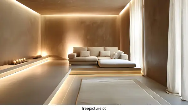 Modern Minimalist Living Room With Neutral Color Palette And Warm Lighting