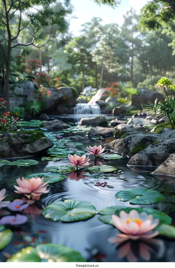 Peaceful Forest Waterfall Pond with Lotus Flowers